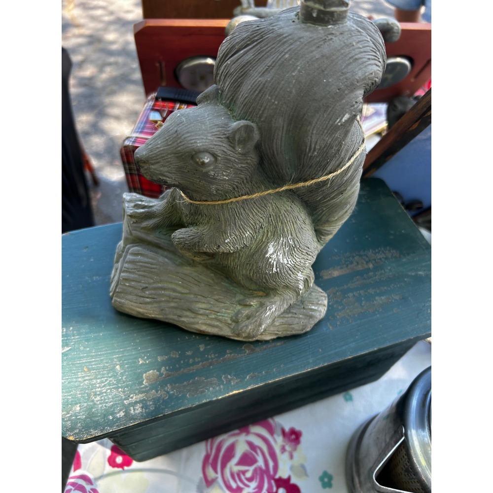 Vintage Rustic Cast Metal Squirrel on Log Figurine Garden Statue Grey Verdigris